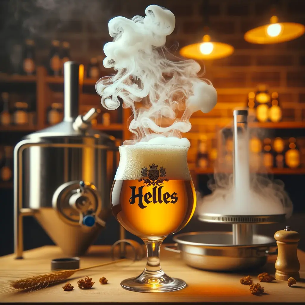 A German Helles beer in a classic beer glass, with whimsical smoke artistically rising from the glass. The setting is a home brewery environment,