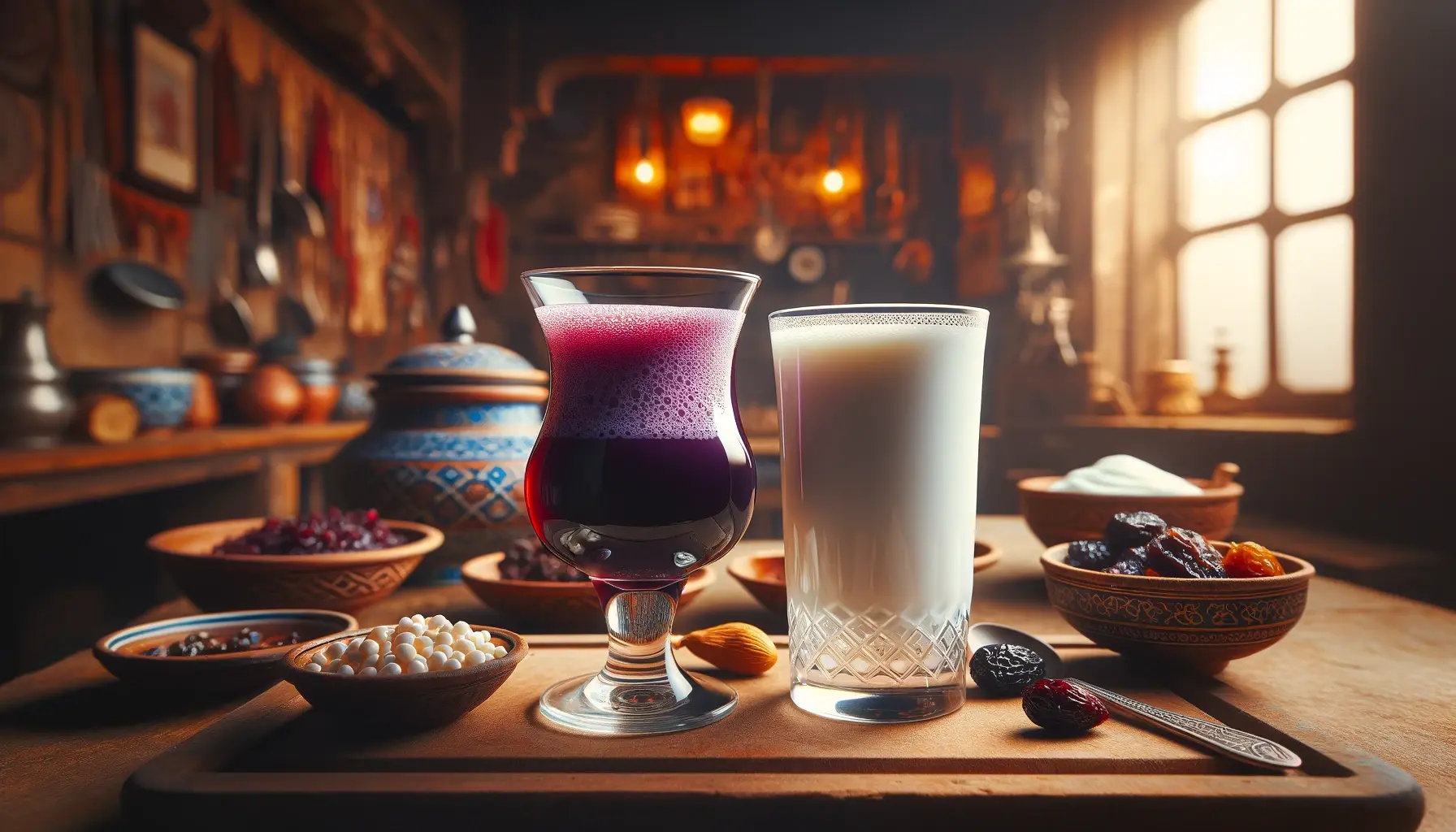 A photograph showcasing a glass of Salgam Suyu and a glass of Ayran (Turkish yogurt drink) side by side, set in a traditional Turkish kitchen