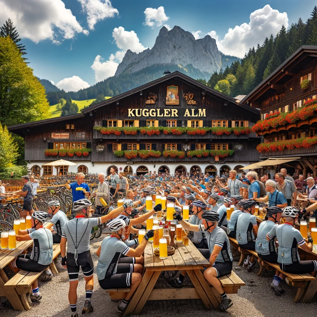 German cyclist at the Kugler Alm drinking Radler