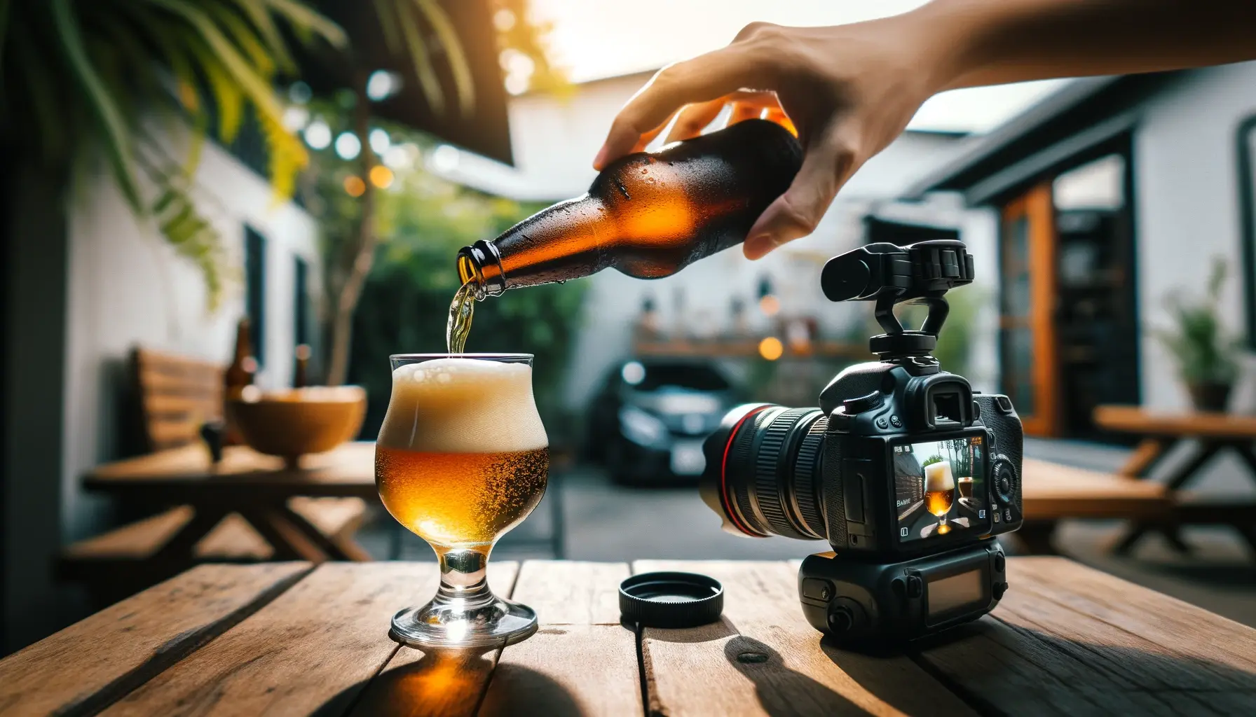  Photograph of a beer being poured into a glass, capturing a different angle or setting for an 'Epic Garden Pour'.