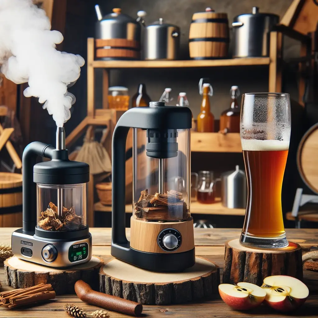 Three different gadgets used for smoking beer, displayed on a wooden table in a home brewery setting. The first gadget is a sophisticated liquid smoki