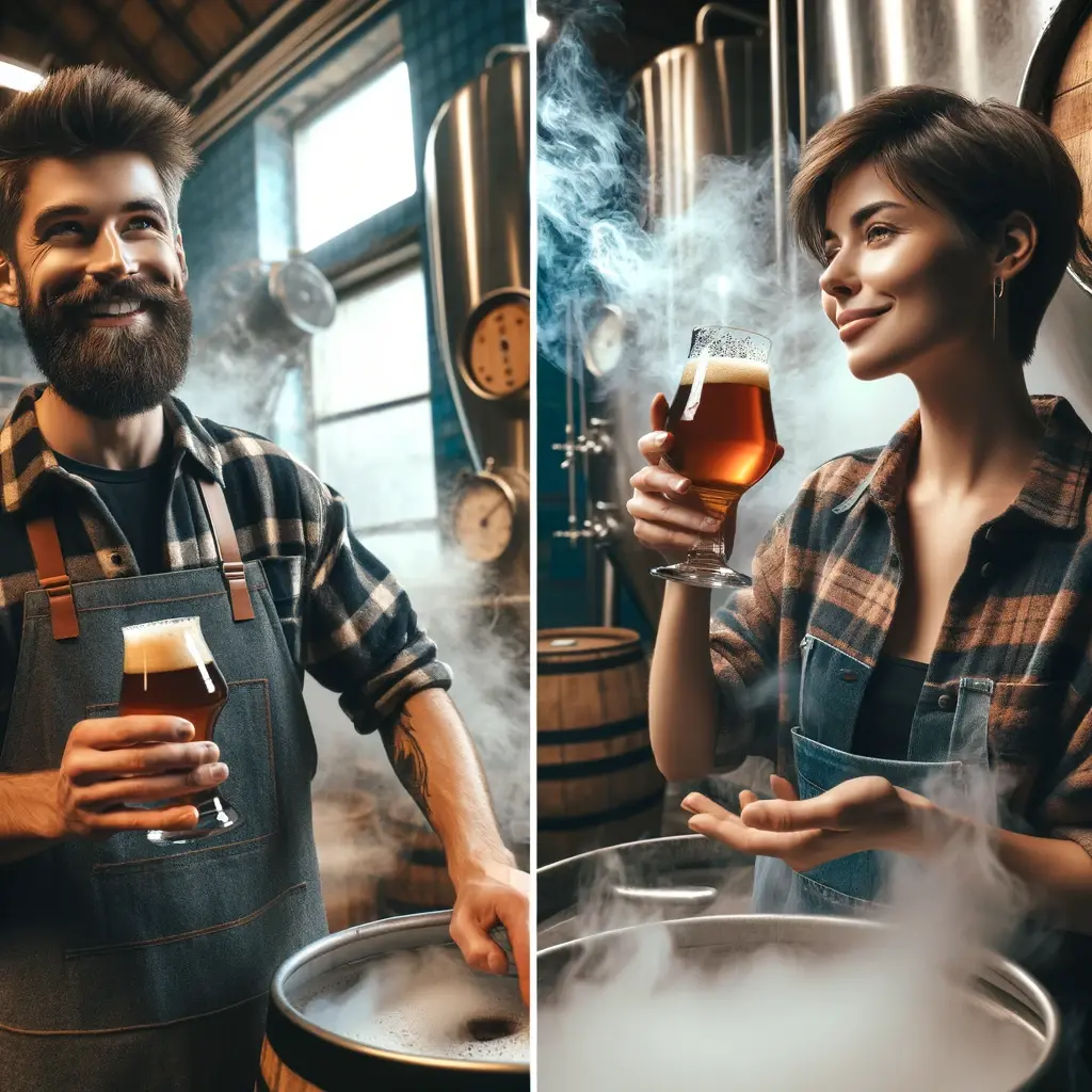 Two brewers in a rustic brewery setting, enjoying smoked beer