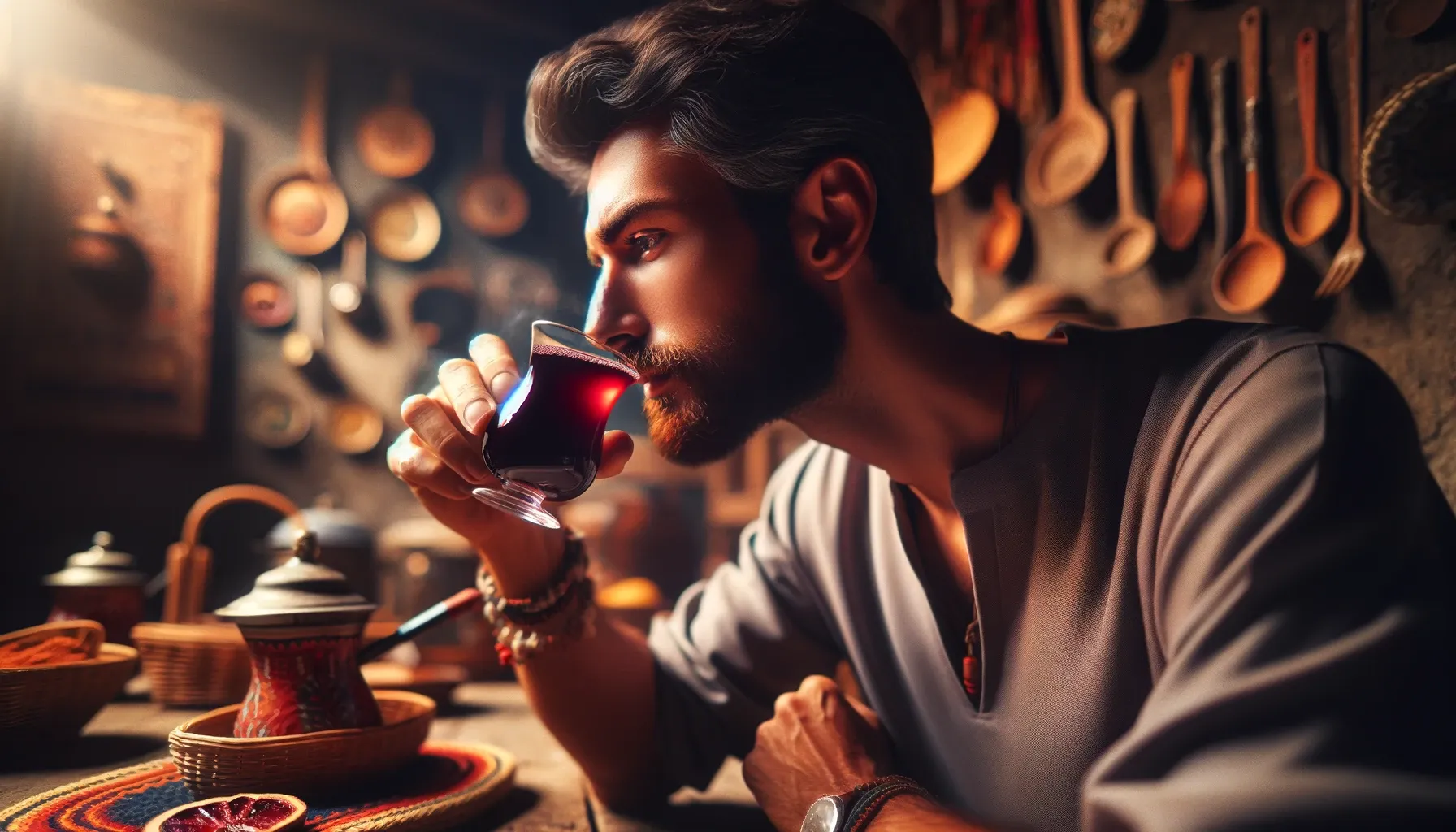 a man drinking Salgam Suyu in a traditional Turkish kitchen or dining environment