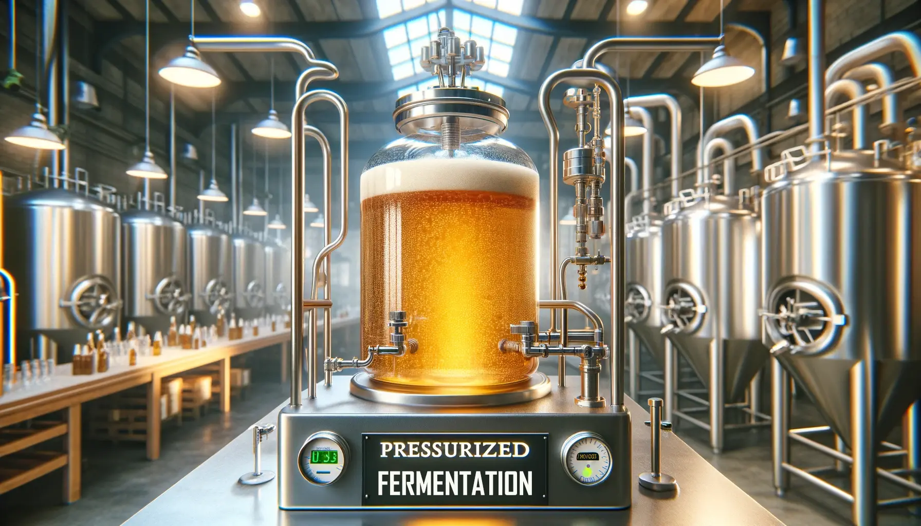 a successful brew achieved through pressurized fermentation. The setting is a brewery with a focus on a fermenter