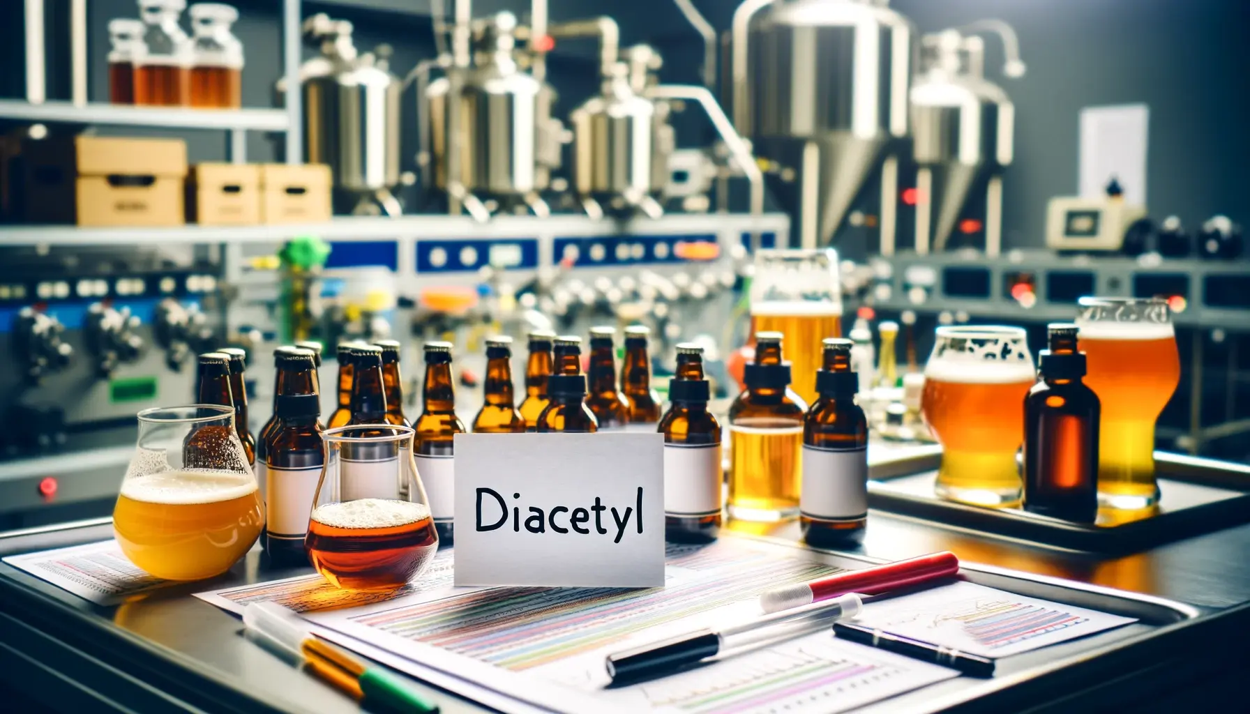 A laboratory setup with various beer samples on a table, each clearly labeled. In the center, there is a prominent note with the word 'Diacetyl'