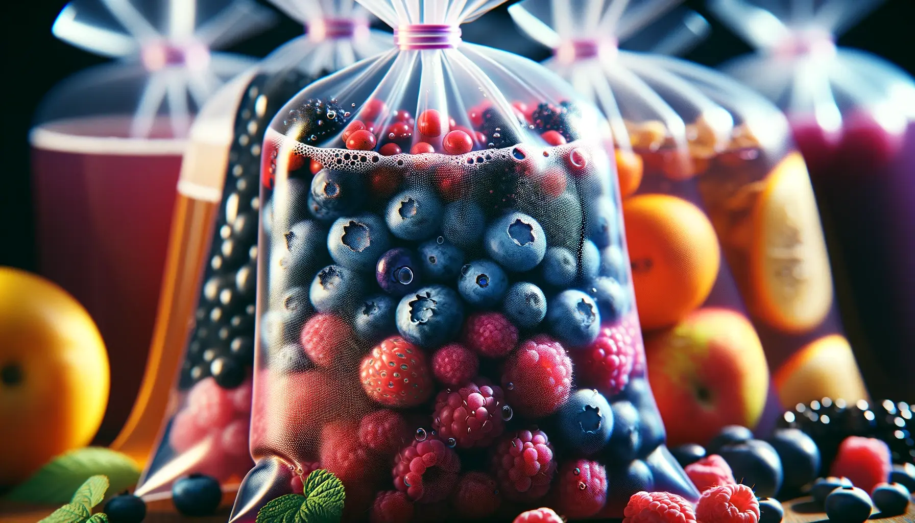 Close-up of various fruits and berries, such as blueberries and raspberries, inside vacuum-sealed bags showing signs of fermentation.