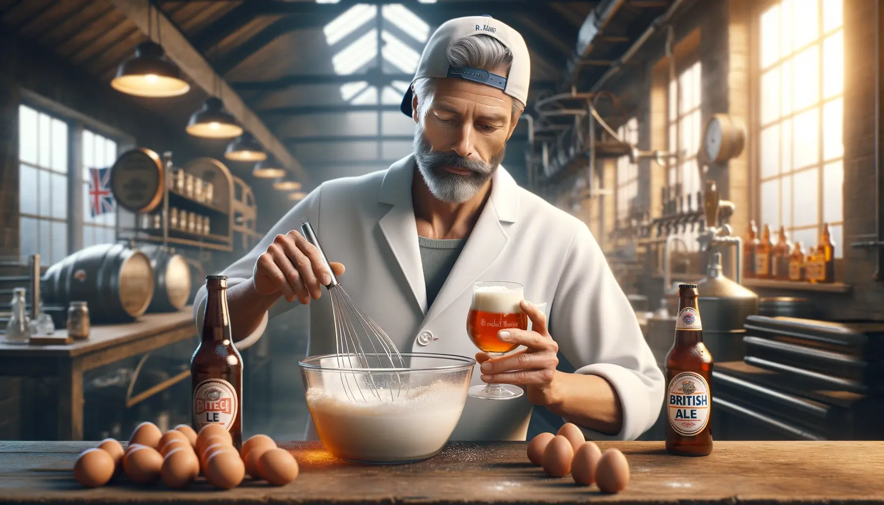 Dr. Hans in a home brewery, preparing raw egg beer. He is whisking a raw egg with sugar in a glass, with a bottle of British ale