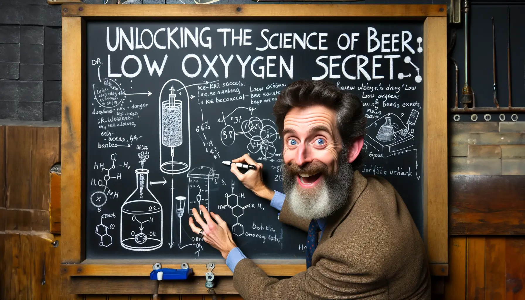 Photograph of Dr. Hans in front of a large blackboard, drawing a diagram that explains the science of low oxygen kegging.