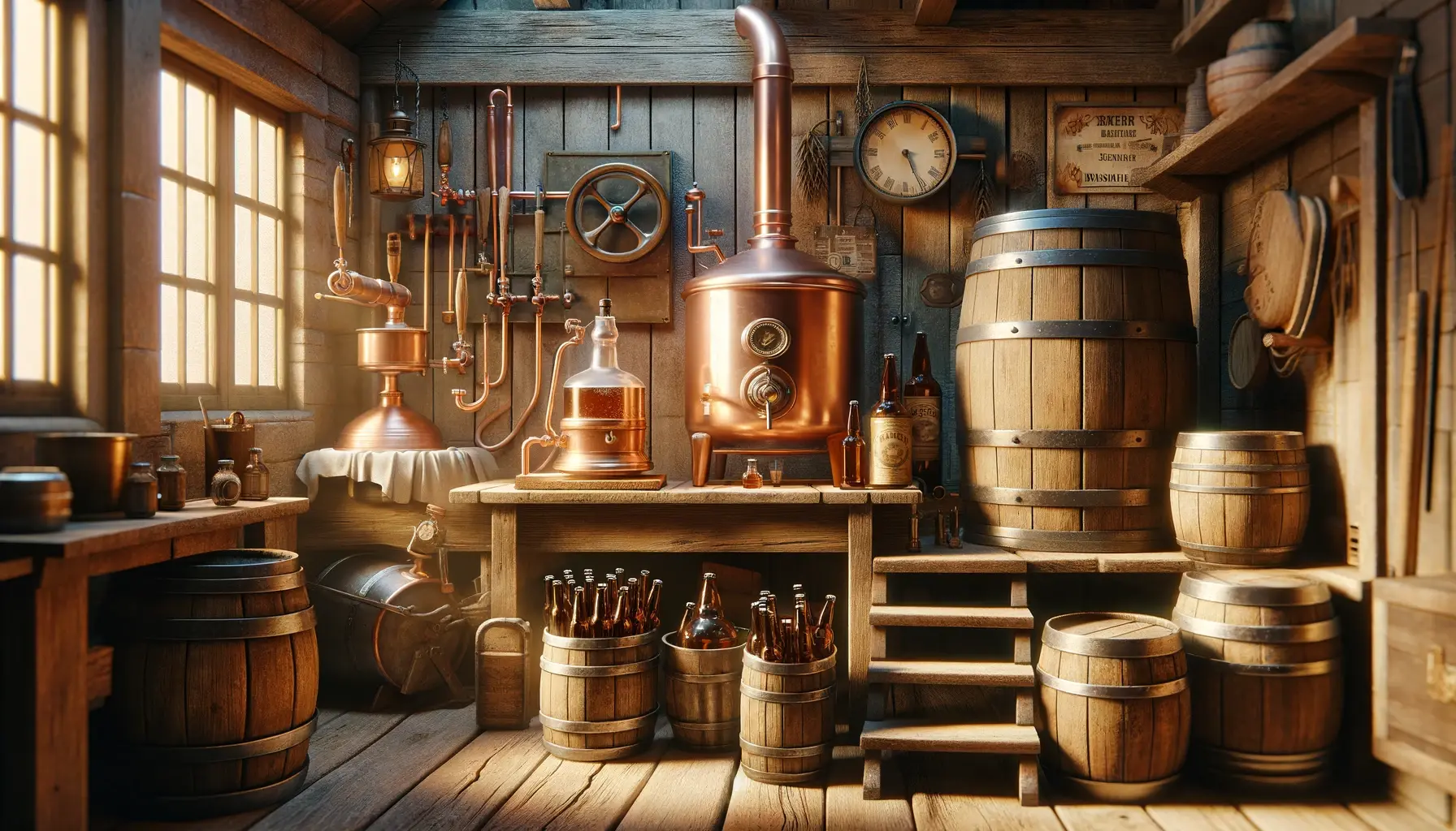a rustic home brewery setting with vintage brewing equipment, wooden surfaces, and a warm, inviting atmosphere