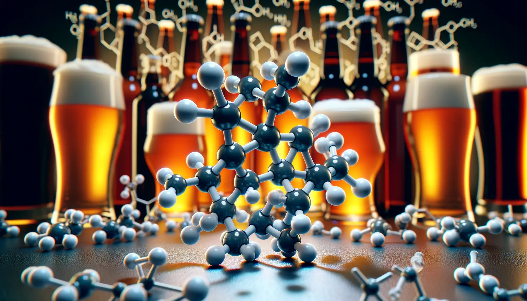Artistic molecular structure of diacetyl against a backdrop of beer. The image shows a clear, detailed representation of the diacetyl molecule, with its atom