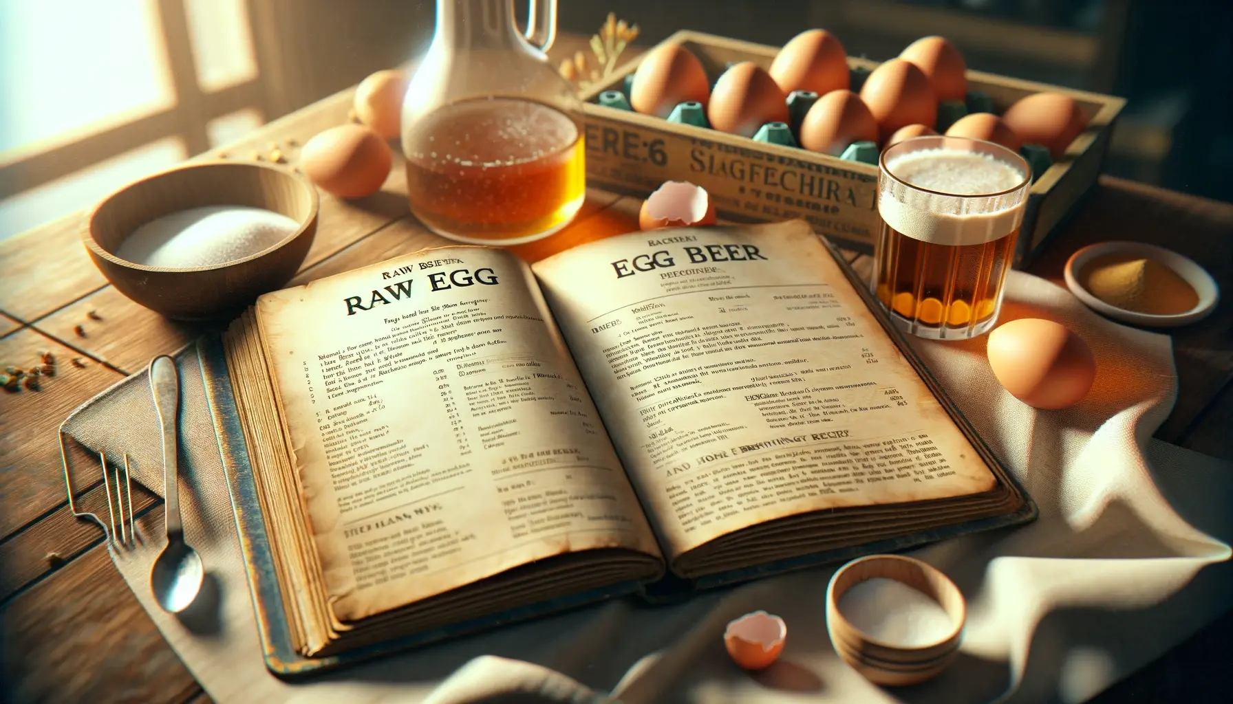 open vintage recipe book showing the raw egg beer recipe, with ingredients like eggs and sugar visible on the table.