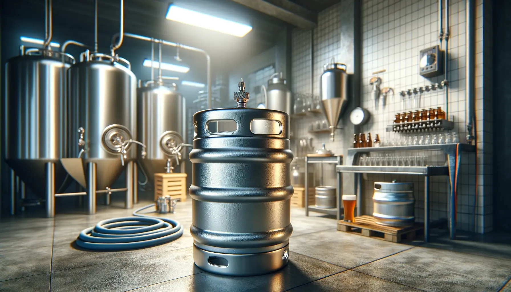 sanitized and ready-to-use keg in a home brewery setting. The image should show a clean, shiny stainless steel keg