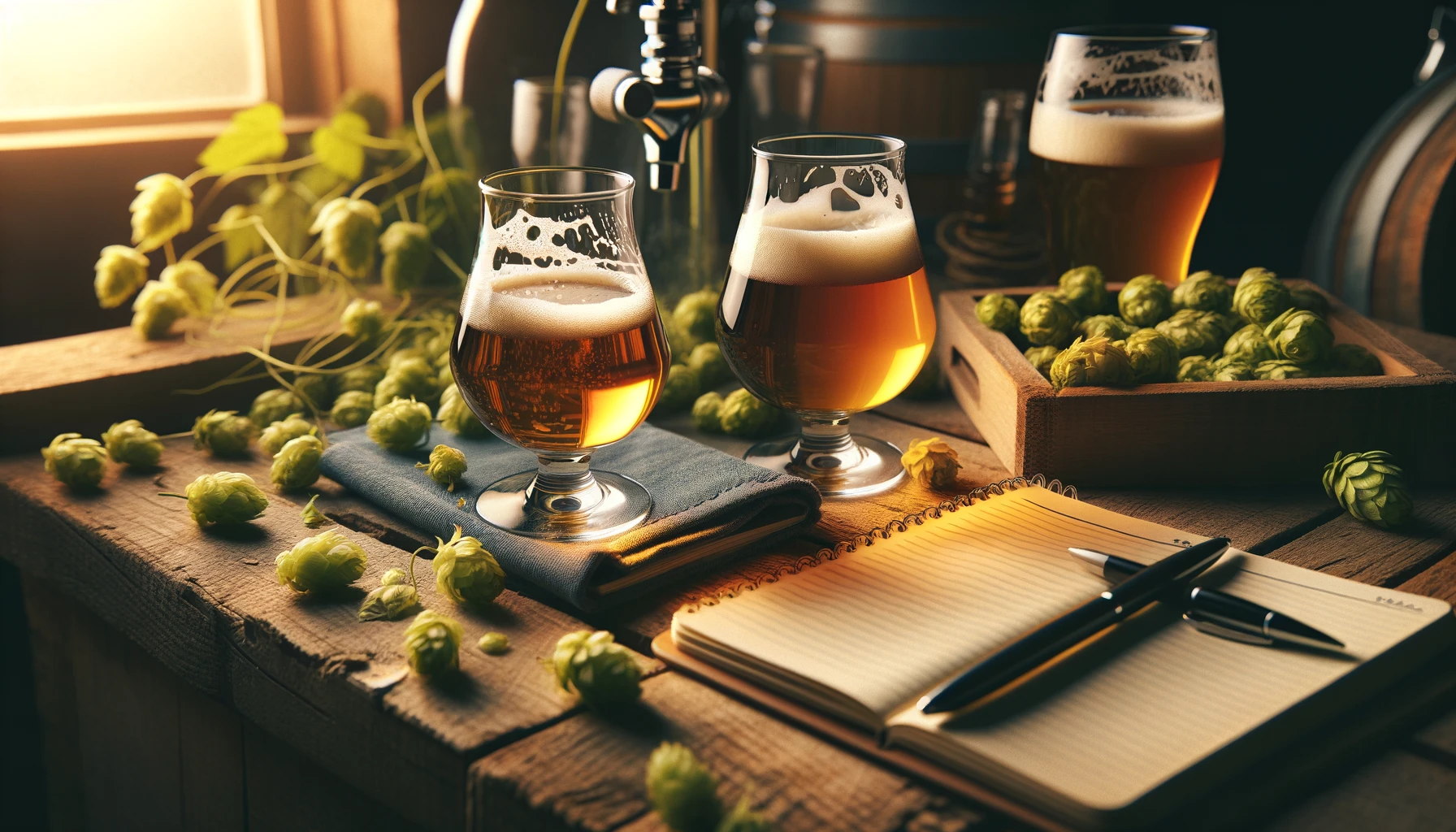 A brewer carefully examining a sample of hops with stainless steel fermentation tanks in the background. The focus is on the brewer's hands and the ho