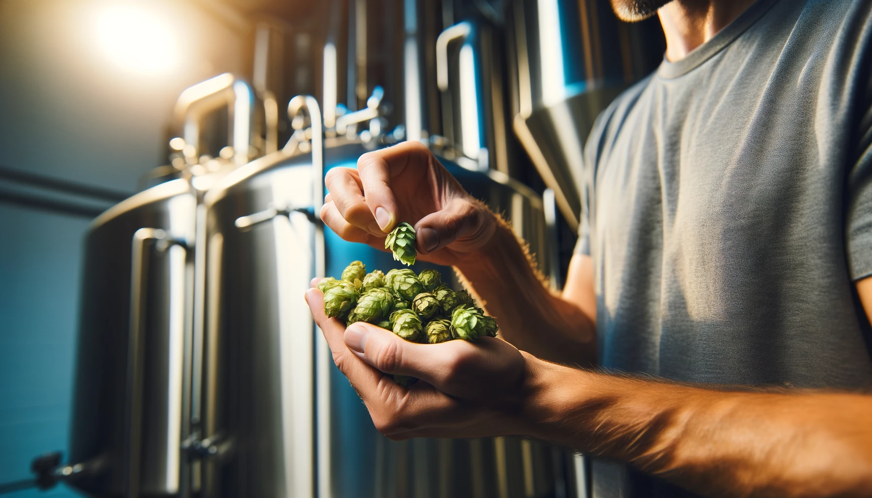 A brewer carefully examining a sample of hops with stainless steel fermentation tanks in the background. The focus is on the brewer's hands and the hops