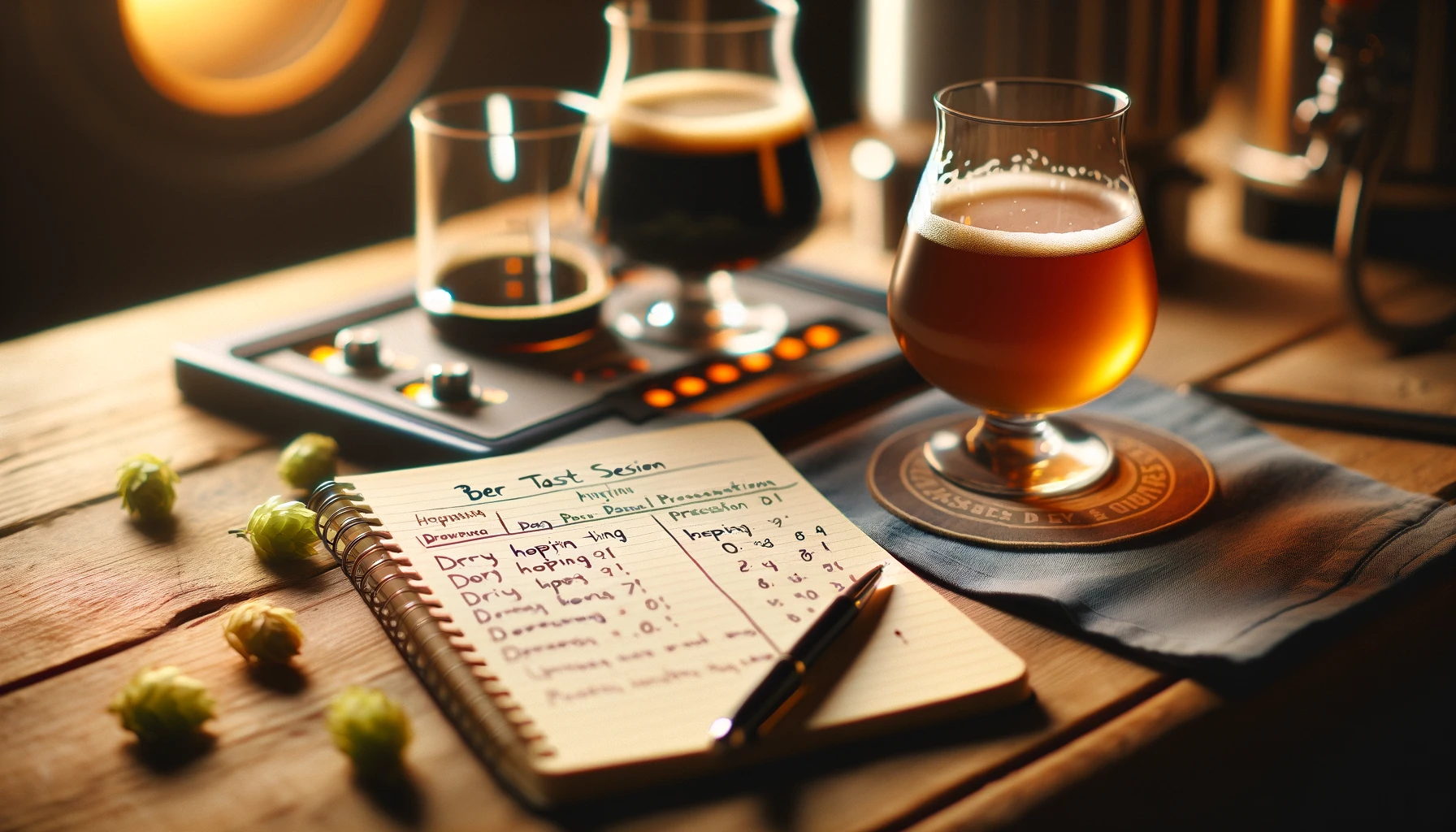 A close-up of a beer tasting session, featuring a notebook with observations, two different beers for comparison, and a pen.