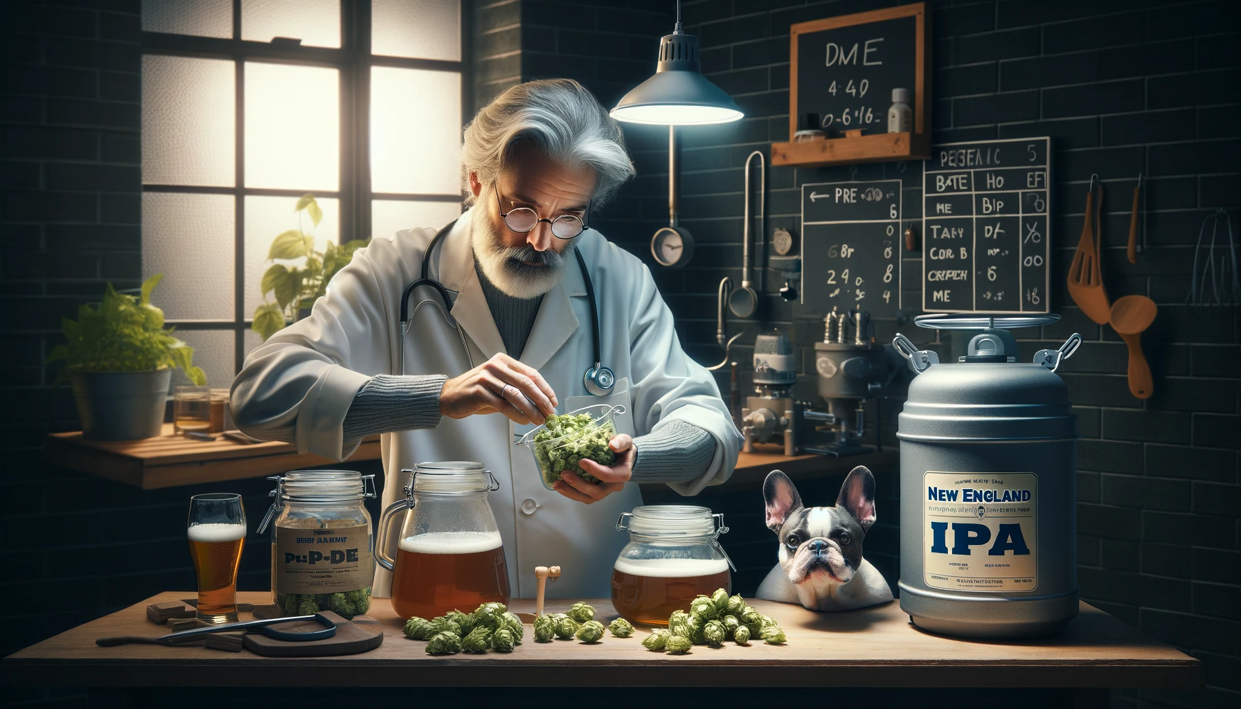 The scene captures the essence of simplicity and science in brewing with Dr. Hans preparing ingredients for the New England IPA Shake N Brew