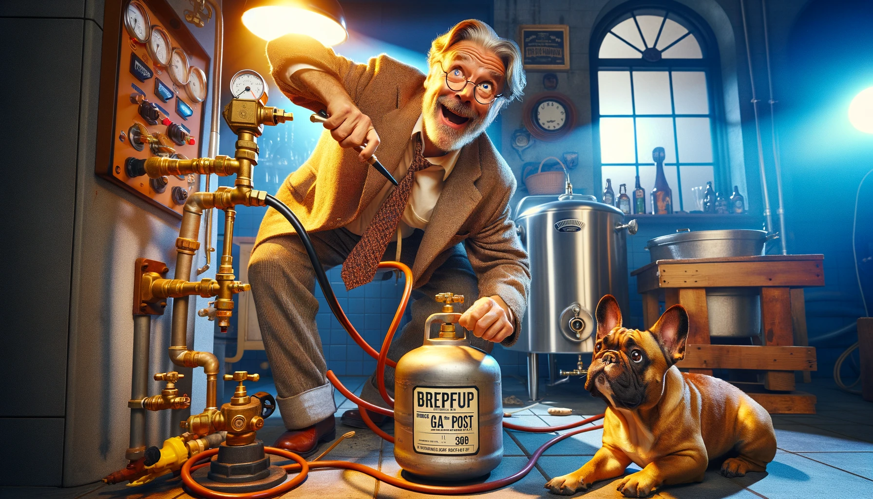 An image depicting the humorous moment of a brewing mishap, where Dr. Hans accidentally connects the gas post incorrectly, leading to a minor crisis.