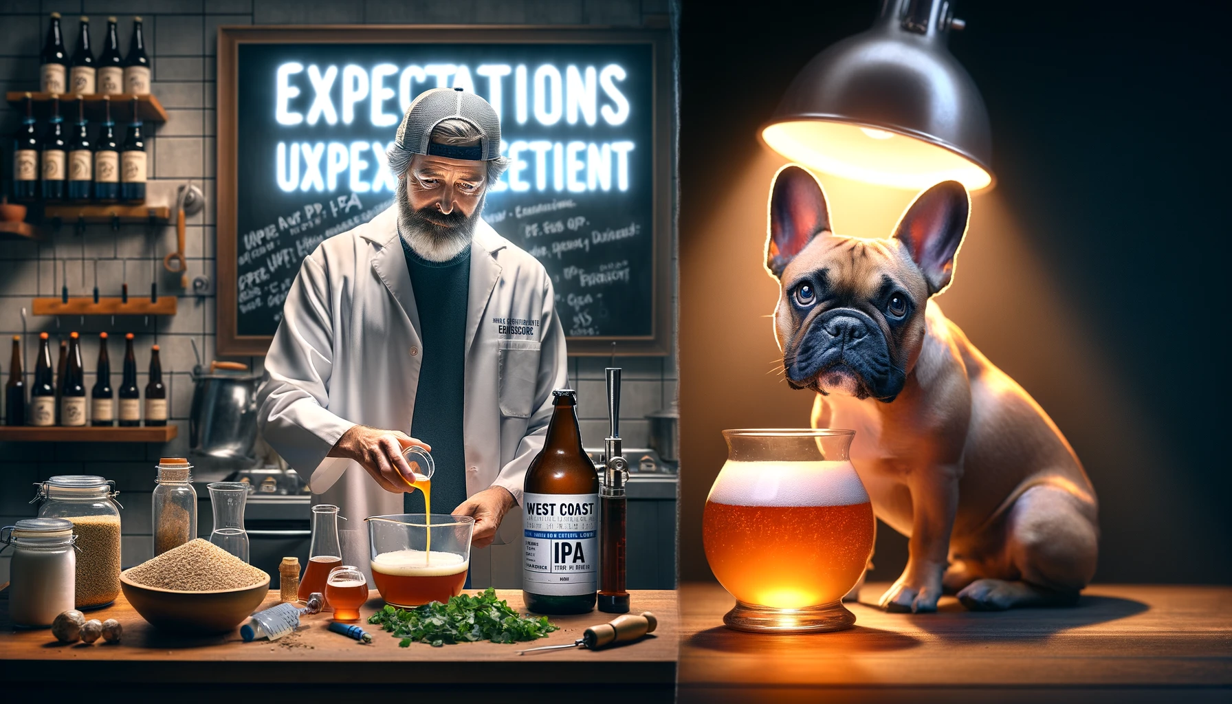 A visually engaging image showing a split scene_ on the left side, the ingredients and setup for a New England IPA with the word 'Expectations' floati