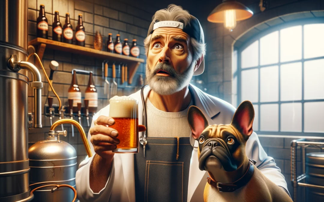 An image capturing a moment of surprise and admiration by Dr. Hans as he examines the unexpected result of his brewing experiment, a West Coast IPA