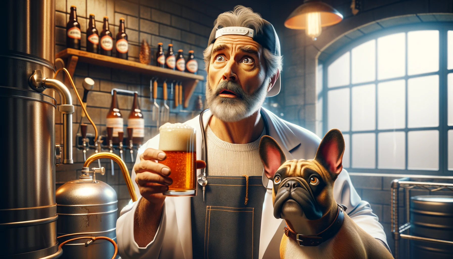 An image capturing a moment of surprise and admiration by Dr. Hans as he examines the unexpected result of his brewing experiment, a West Coast IPA