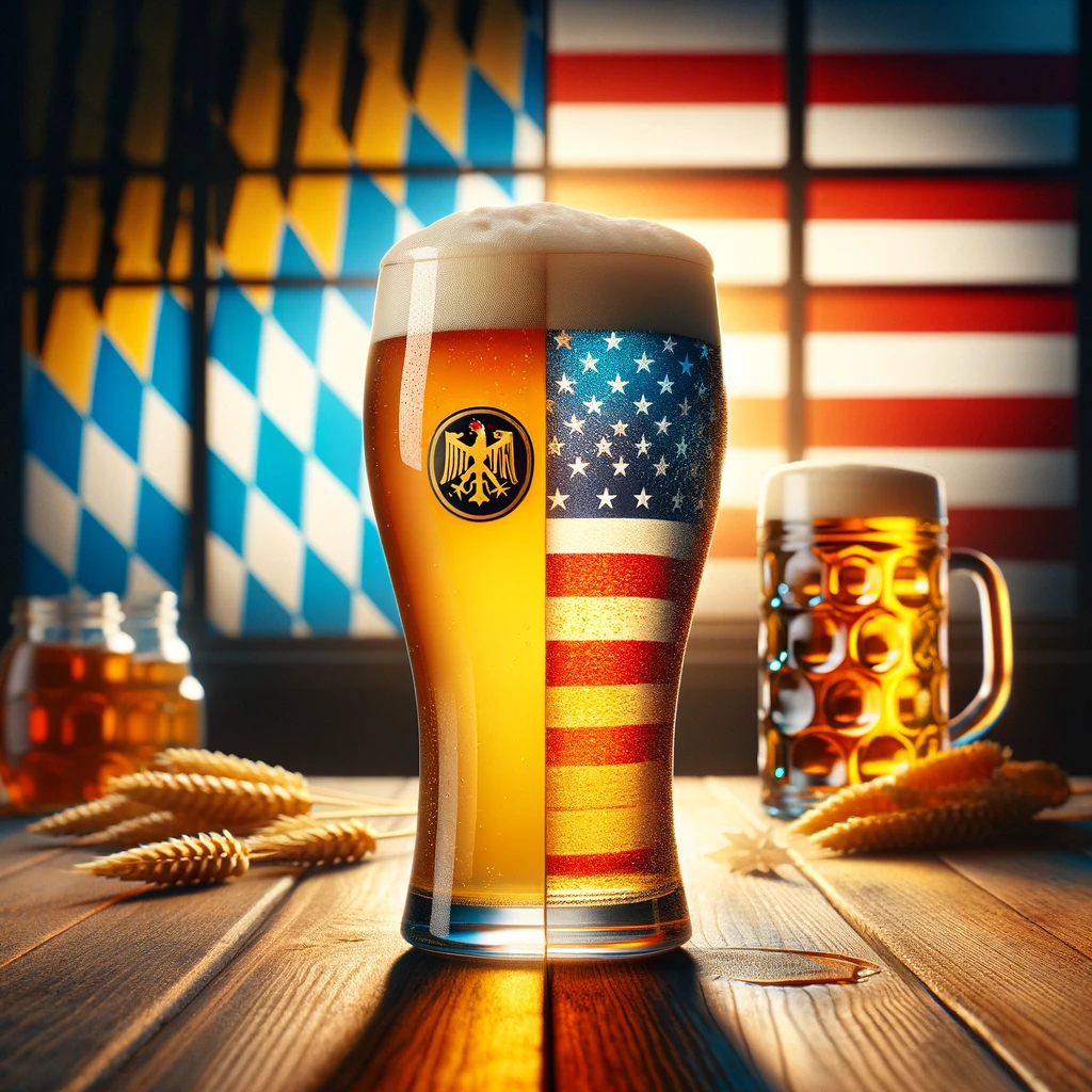 image featuring a side-by-side comparison of a German wheat beer in a traditional weizen glass and an American wheat beer in a pint