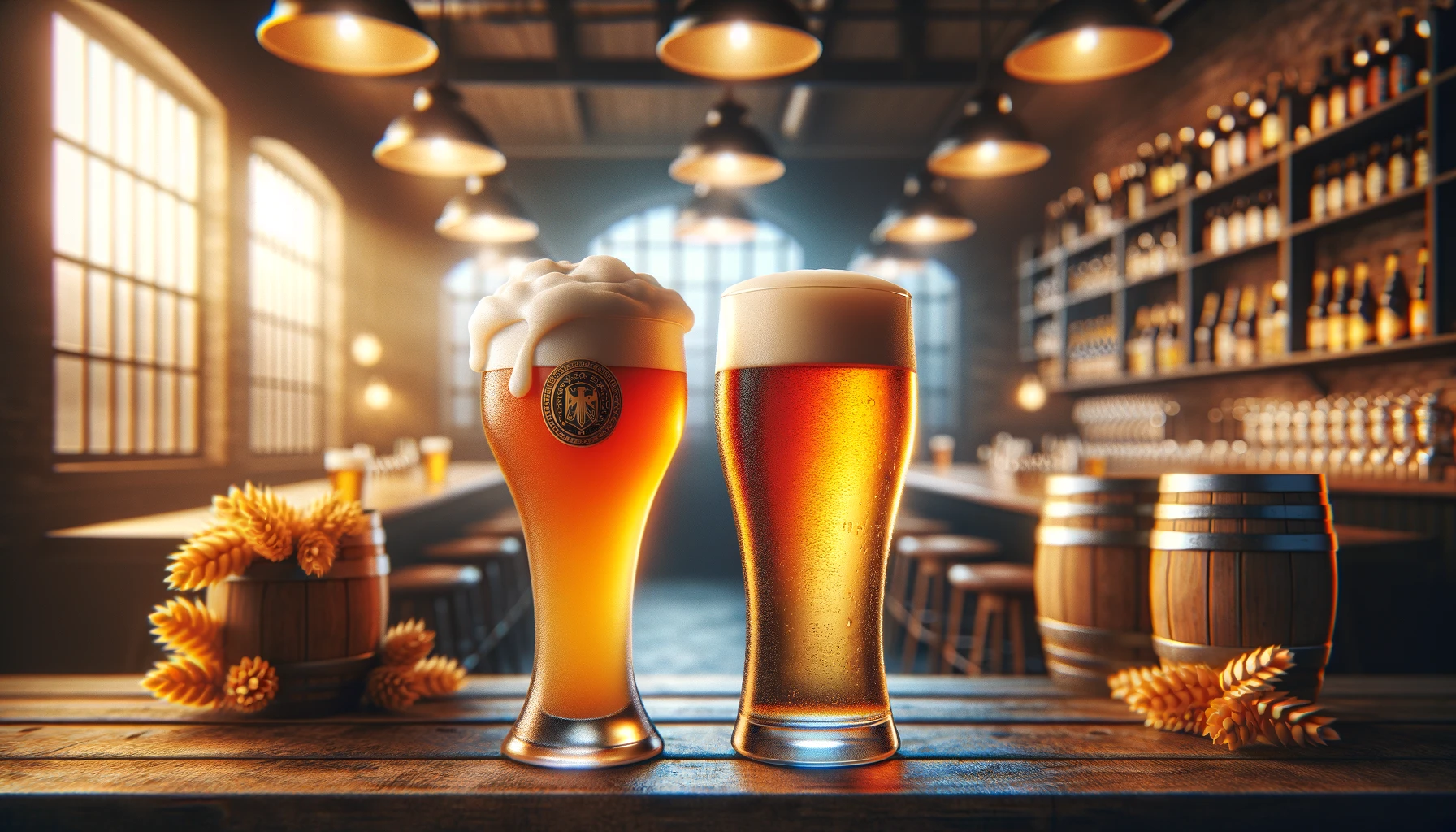 image featuring a side-by-side comparison of a German wheat beer in a traditional weizen glass and an American wheat beer in a pint g