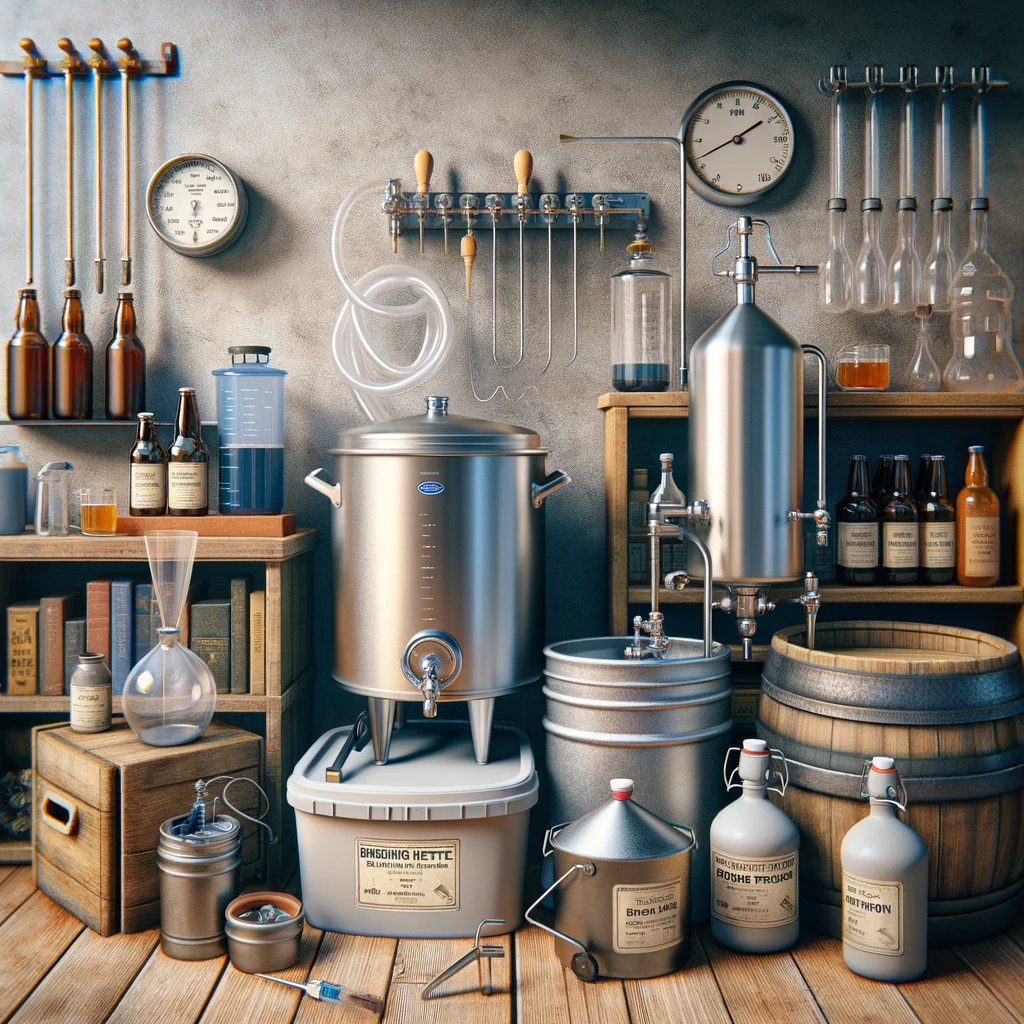 the essential brewing equipment arranged in a home brewery setting. The equipment includes a brewing kettle, fermentatio