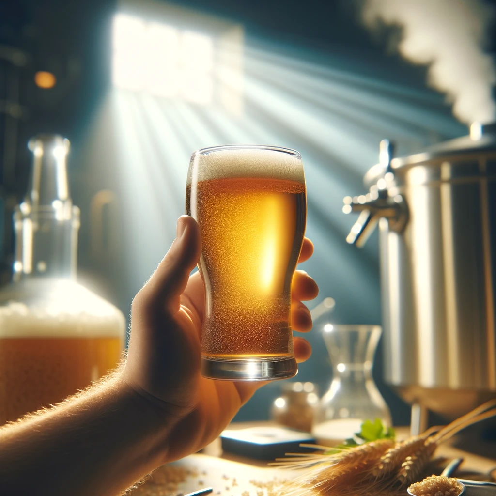 close-up image of a brewer's hand raising a glass of freshly brewed wheat beer towards the light. The scene is set in a home brewery