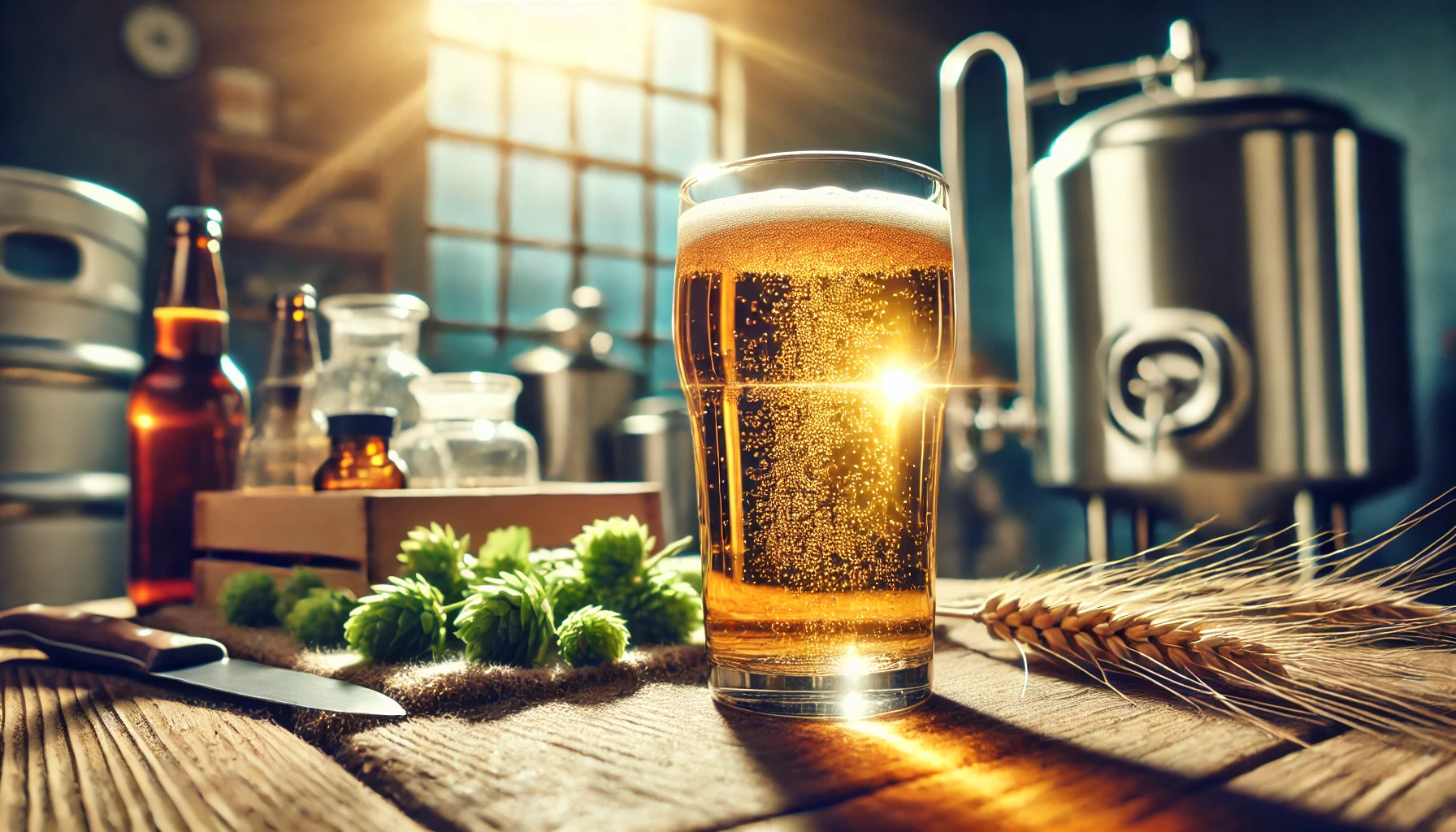 A close-up image of a glass of crystal-clear beer in a homebrewing setting, with light shining through the beer to emphasize its clarity. 