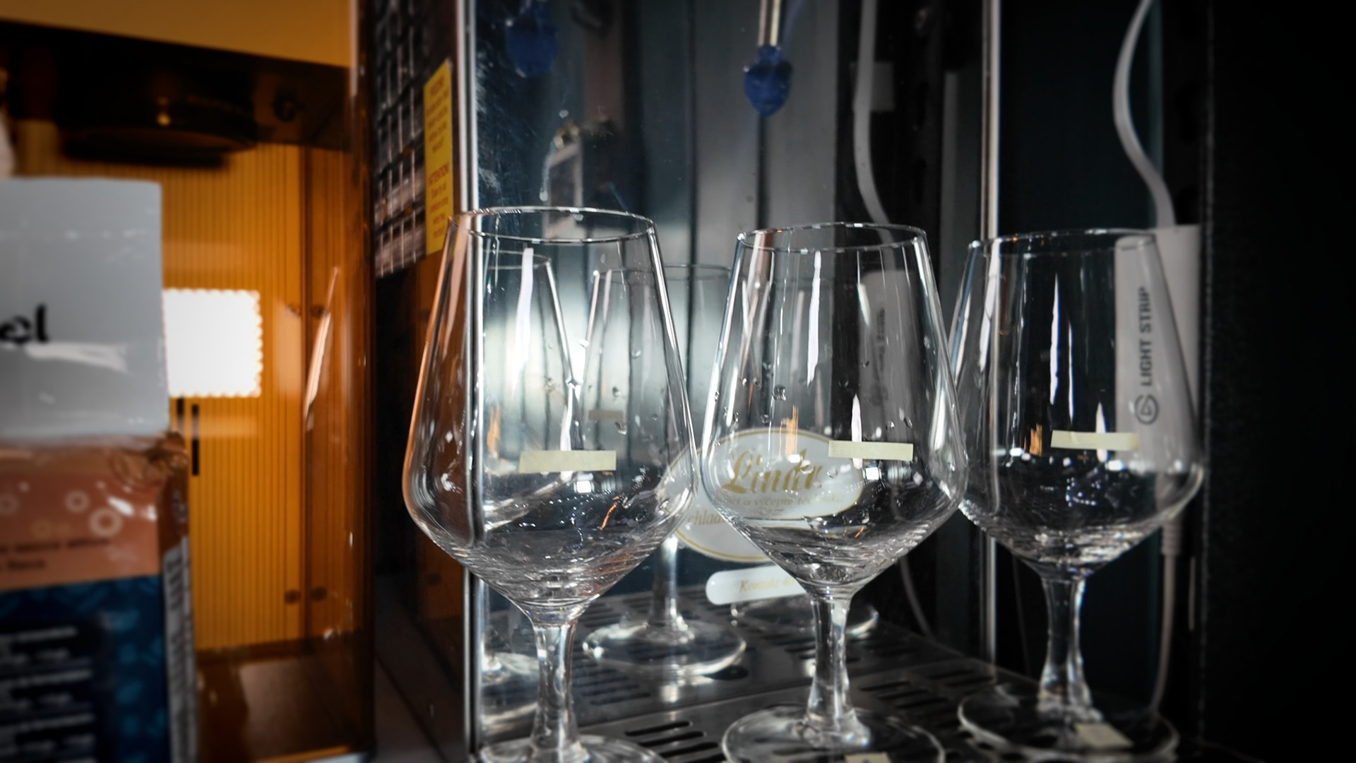 Three tasting glasses labeled for hard cider backsweetening experiment