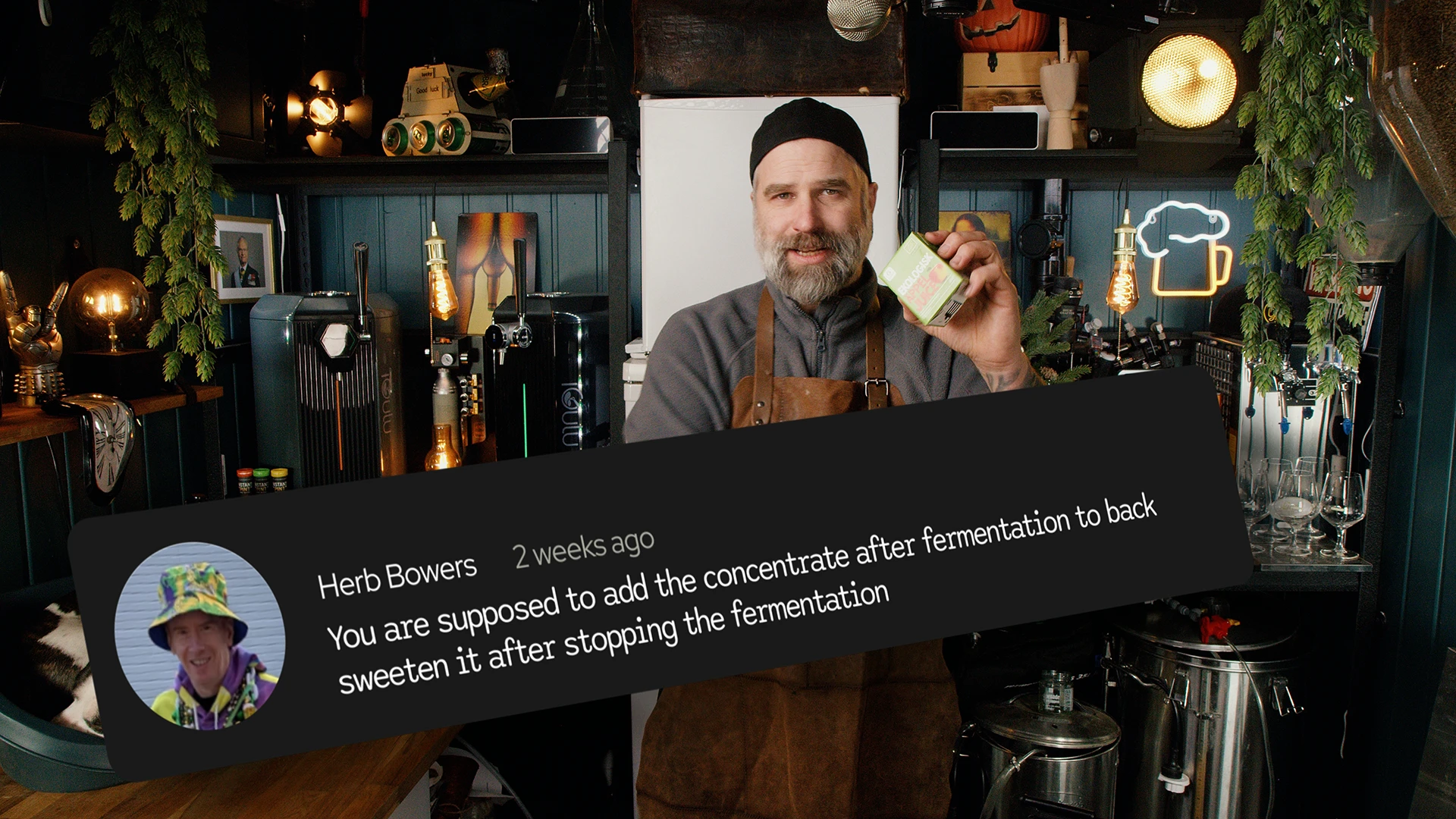 Viewer comment suggesting to stop fermentation before backsweetening hard cider